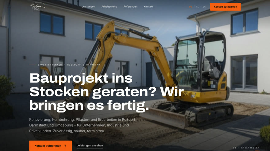 Oficjalna strona firmy budowlanej Lis-Roger z Roßdorf i Darmstadt — hero z koparką i hasłem Bauprojekt ins Stocken geraten